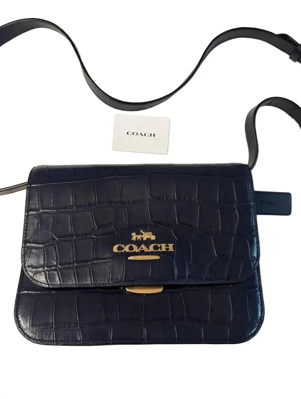 Coach Black Croc Embossed Leather Crossbody Bag Gold Hardware Adjustable Strap